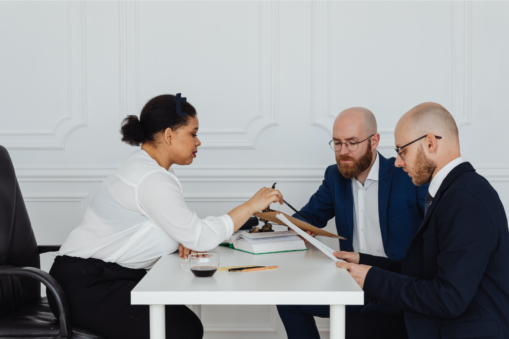 Business professionals collaborating around a table